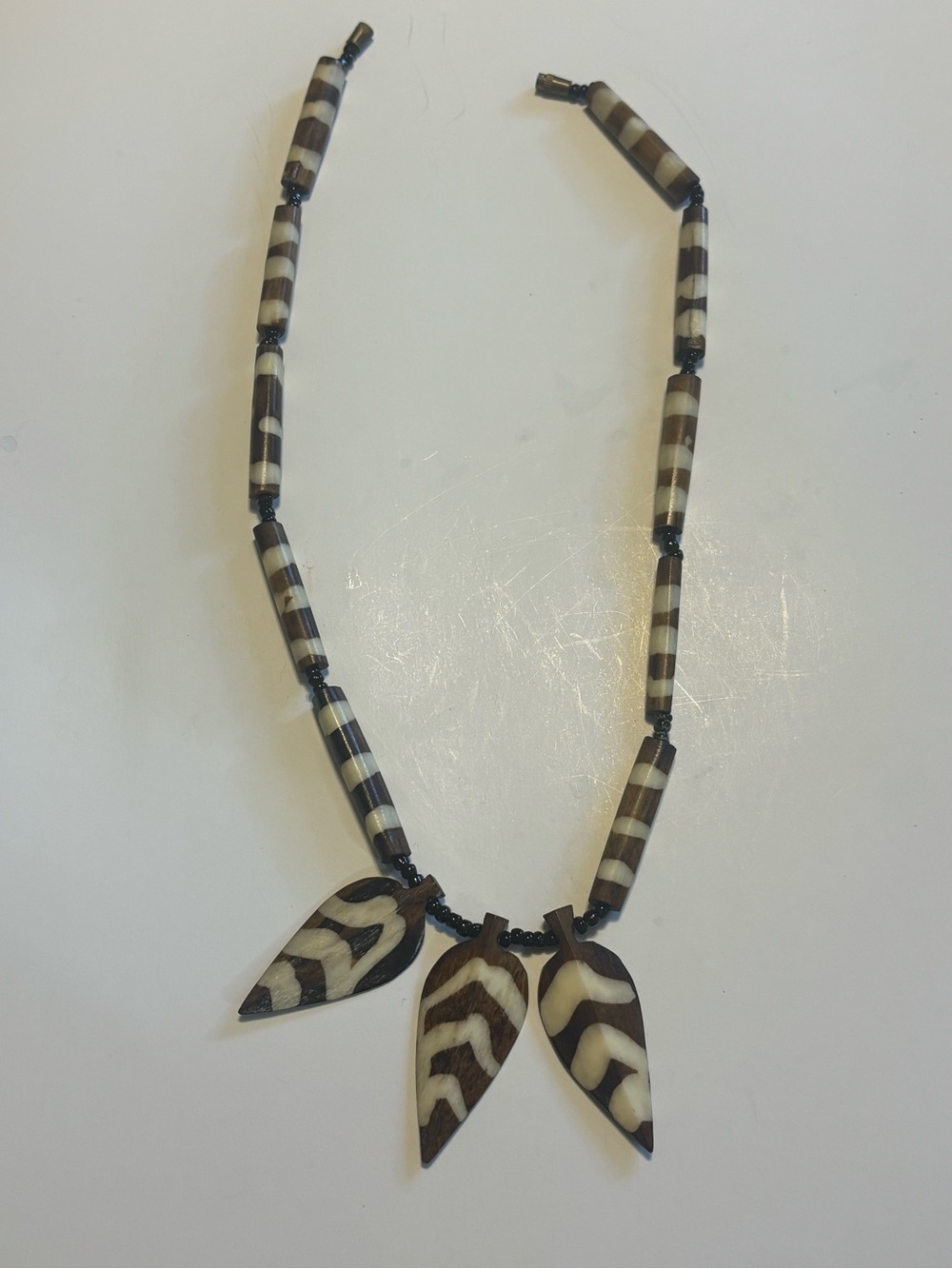 South African Handmade Bone & Glass Bead 3 Pendants Brown & Cream 17.5" Necklace